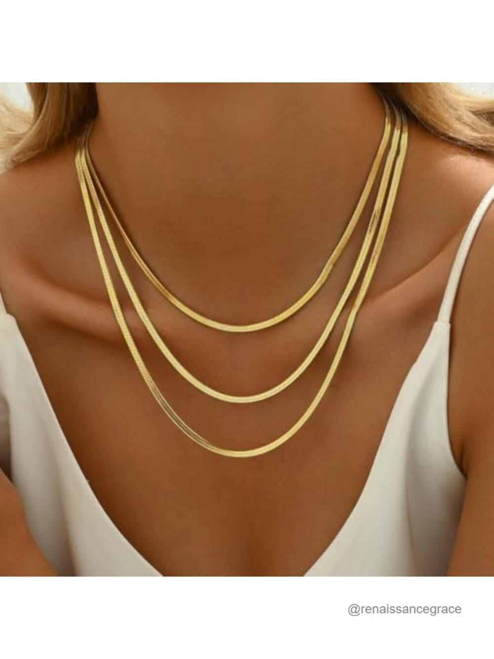 18K Gold Plated Layered Herringbone Necklaces for Women Non Tarnish Long